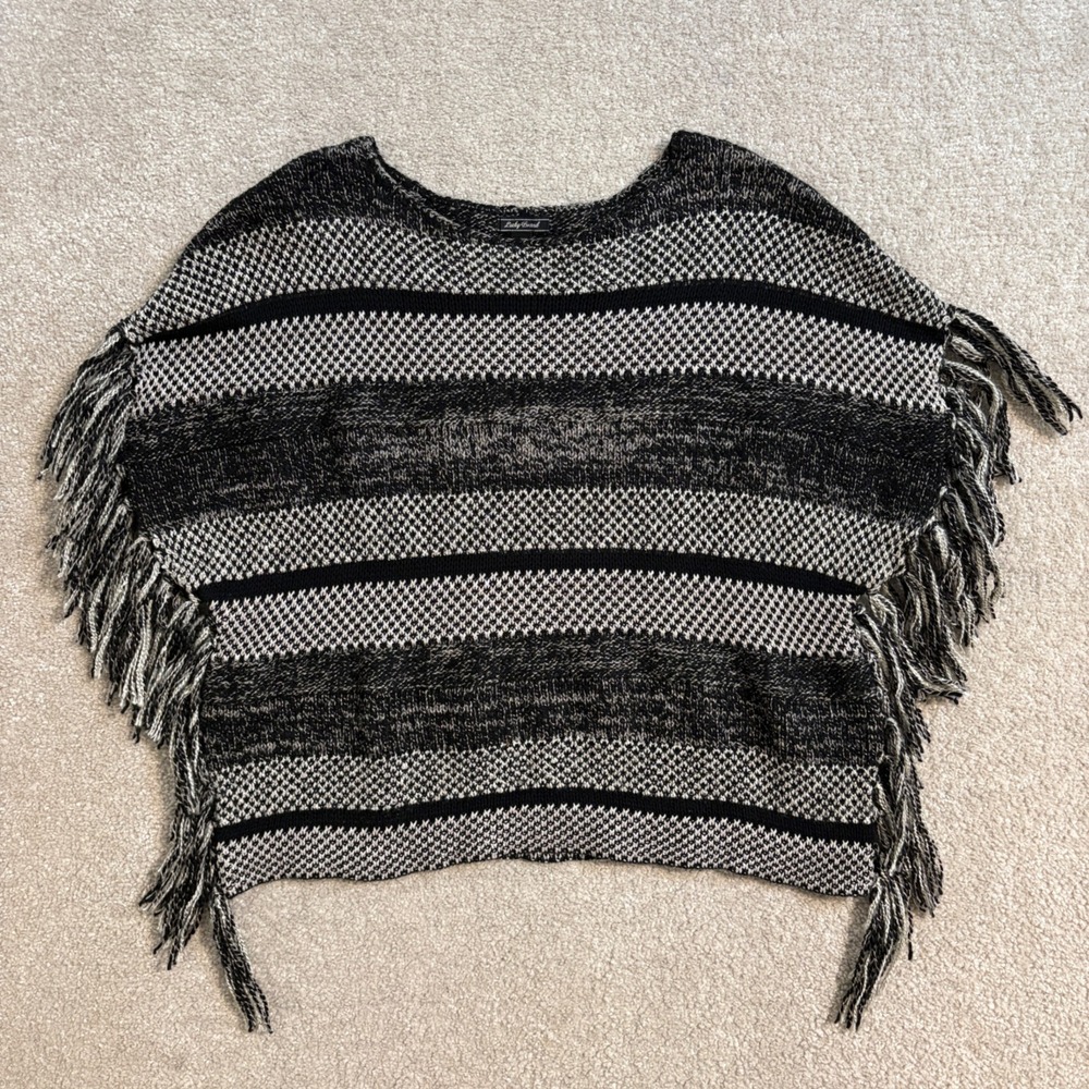 Lucky Brand Fringe Poncho Striped Knit‎ Pullover Sweater Top Wool blend Size S